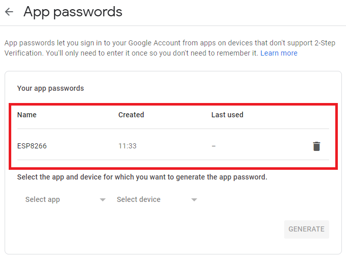 Gmail app password created for esp8266 send emails