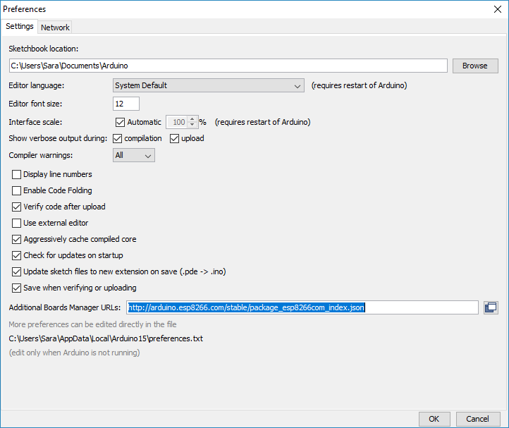 esp8266 Arduino ide preferences