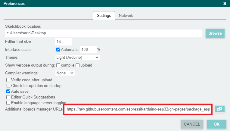 Additional URLs Field ESP32 Arduino 2.0