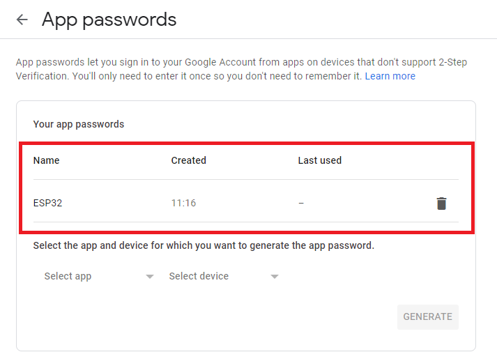 Gmail app password created for ESP32 send emails