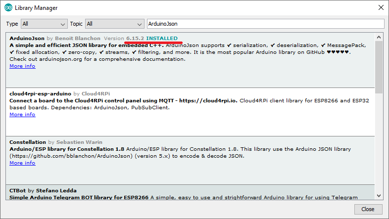 Install ArduinoJson Library