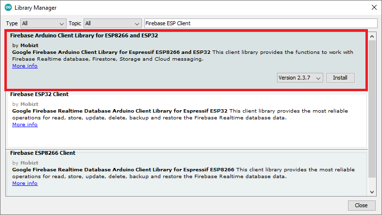 Install Firebase Arduino Client Library for ESP8266 and ESP32 by Mobitz
