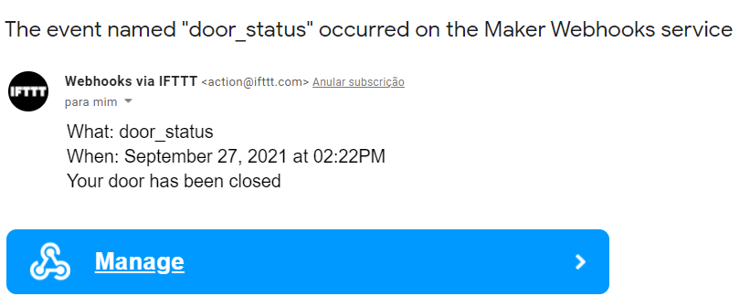 Door Status Monitor using ESP8266 with Email Notifications 22 Received Email IFTTT Event Triggered Door Closed