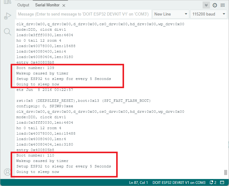 timer wake up serial monitor