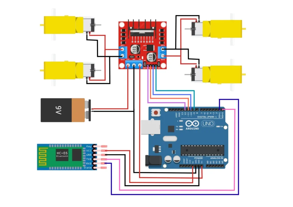 DIY Bluetooth Controlled RC Car using Arduino, HC-05, L298N & Lithium Battery 2 Circuit Diagram