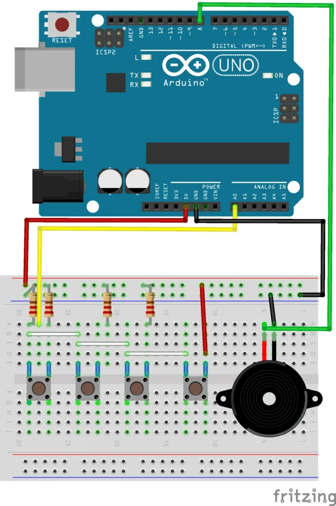 Build a simple digital keyboard that plays real notes using Arduino 4 Figure 3. Circuit diagram of the digital keyboard with Arduino Uno, push buttons, resistors, and piezo buzzer created in Fritzing