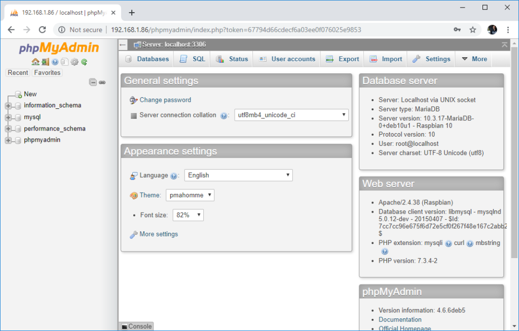 ESP32/ESP8266 Publish Data to Raspberry Pi LAMP Server 6 Raspberry Pi phpMyAdmin Local Database MySQL