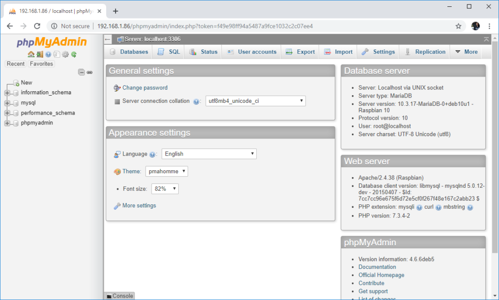 Raspberry Pi Open phpMyAdmin Logged in Page