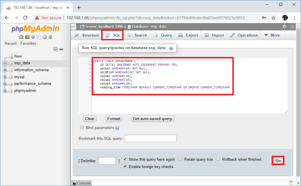 ESP32/ESP8266 Publish Data to Raspberry Pi LAMP Server 10 Raspberry Pi phpMyAdmin run SQL query