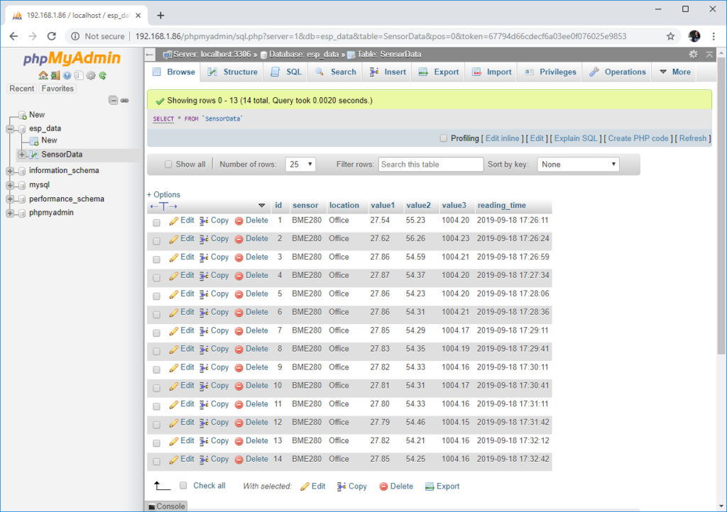 ESP32/ESP8266 Publish Data to Raspberry Pi LAMP Server 24 Raspberry Pi phpMyAdmin table publish ESP32 ESP8266 readings