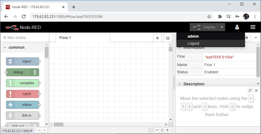 Digital Ocean Node RED Dashboard software logout button