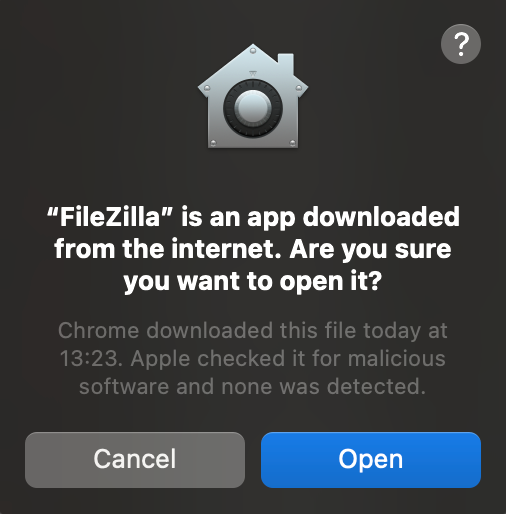 Transfer Files to and from Raspberry Pi using FileZilla FTP (Mac OS) 7 Allow Mac to Open FileZilla FTP Client installation file