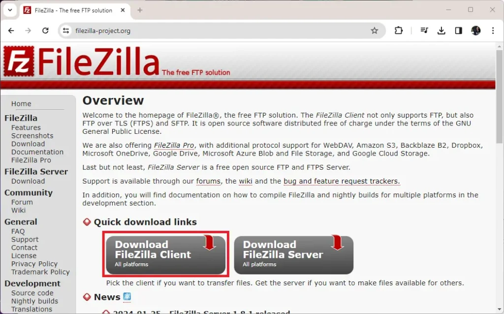 Download FileZilla File Transfer Protocol FTP Client