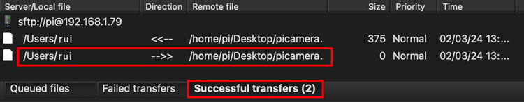 Transfer Files to and from Raspberry Pi using FileZilla FTP (Mac OS) 18 File moved successfully from Mac to Raspberry Pi