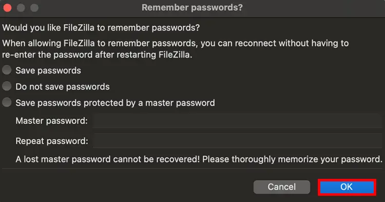 Transfer Files to and from Raspberry Pi using FileZilla FTP (Mac OS) 12 FileZilla Establish FTP connection password ok button