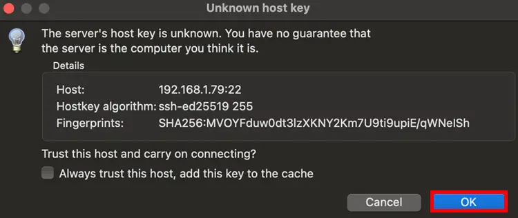 Transfer Files to and from Raspberry Pi using FileZilla FTP (Mac OS) 13 FileZilla Establish FTP connection with Mac Raspberry Pi accept ok