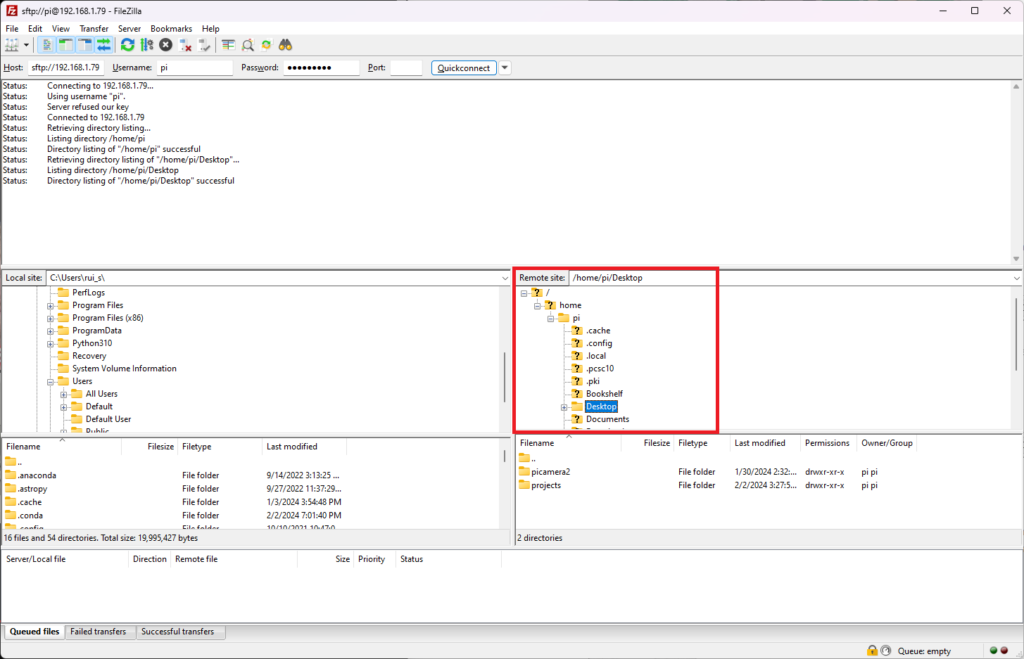 FileZilla connection established