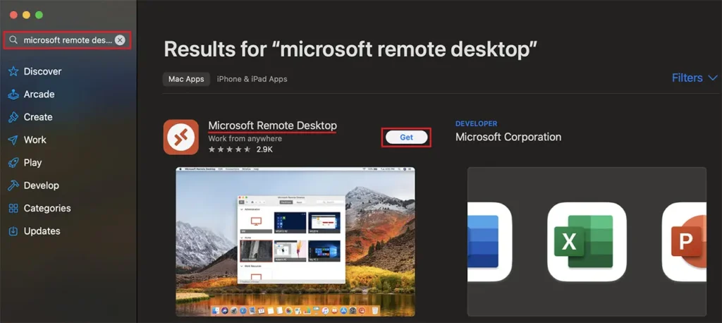 Mac OS App Store search install Microsoft remote desktop