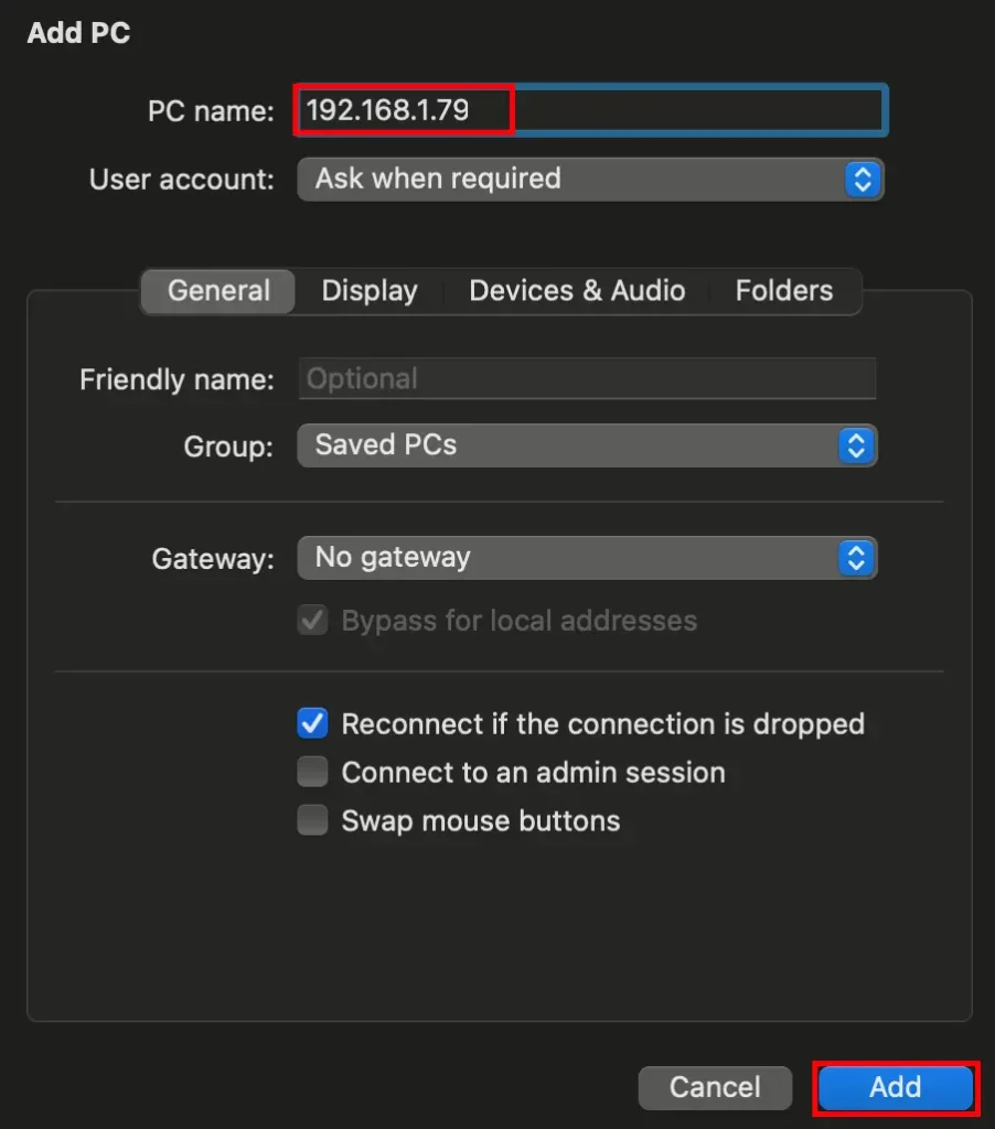 Microsoft Remote Desktop software type Raspberry Pi IP Address save