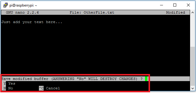 Nano will ask you if you want to save the changes
