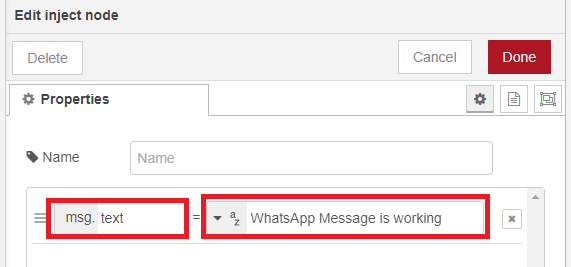 Node-RED inject node WhatsApp messages