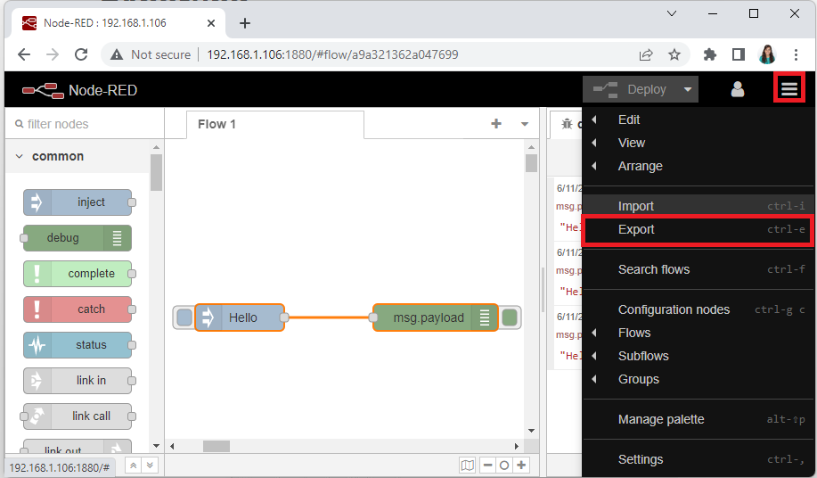 Node-RED export nodes