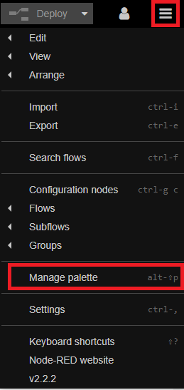 Node-RED manage palette