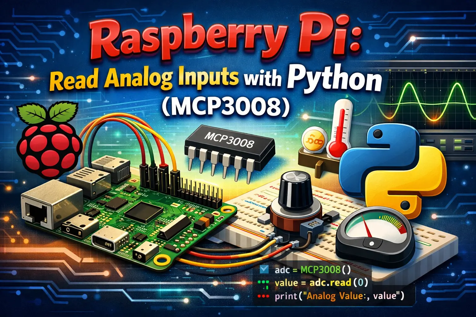 Raspberry Pi Read Analog Inputs with Python (MCP3008)