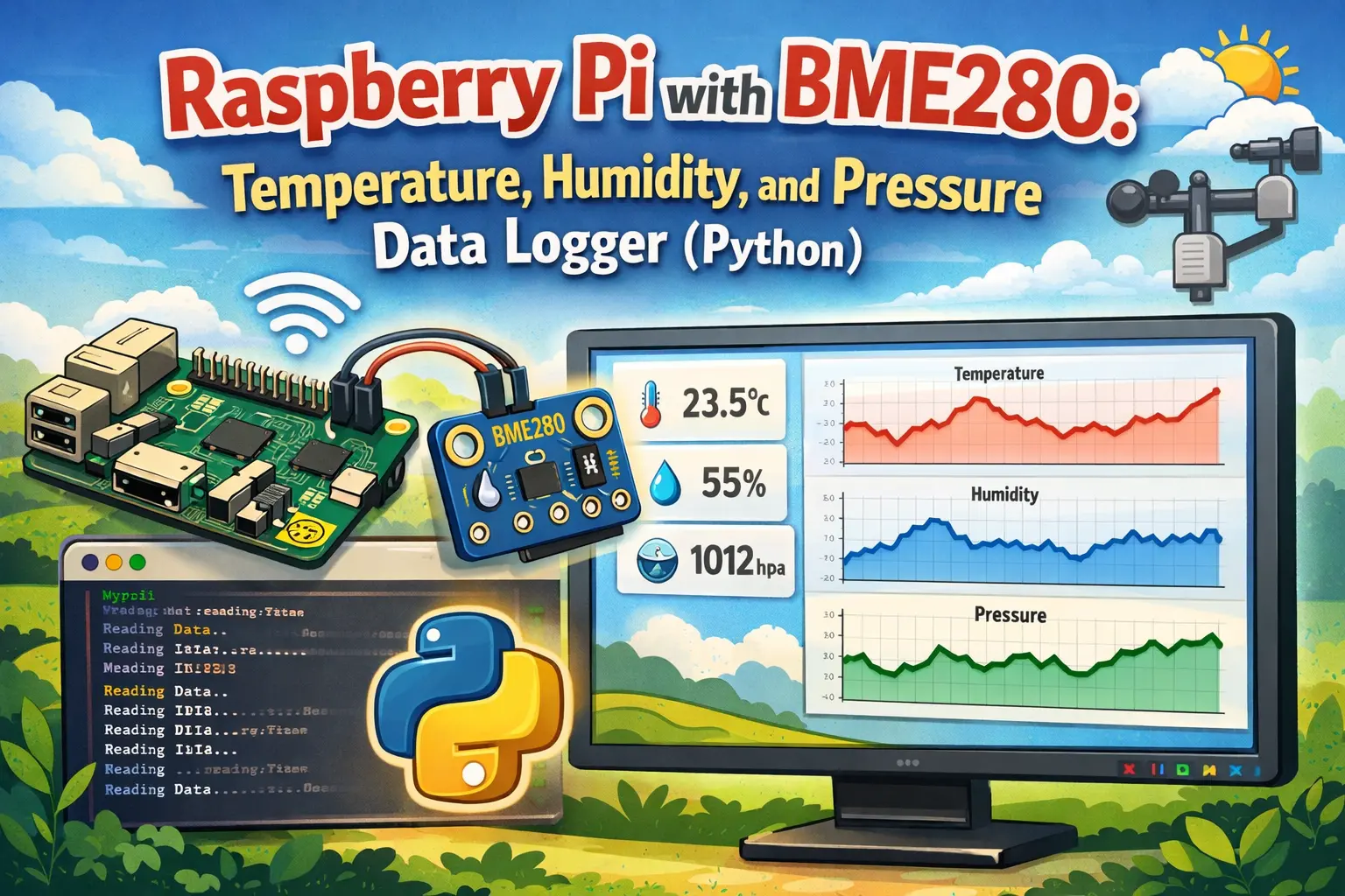 Raspberry Pi with BME280 Temperature, Humidity, and Pressure Data Logger (Python)
