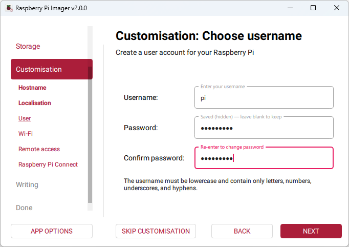 Rpi imager choose username password