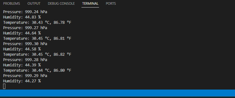 Raspberry Pi: BME280 Temperature, Humidity and Pressure Sensor (Python) 11 Raspberry Pi BME280 Readings Python Terminal