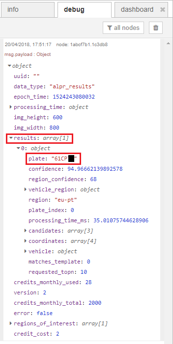Car Plate Recognition System with Raspberry Pi and Node-RED 23 debug2