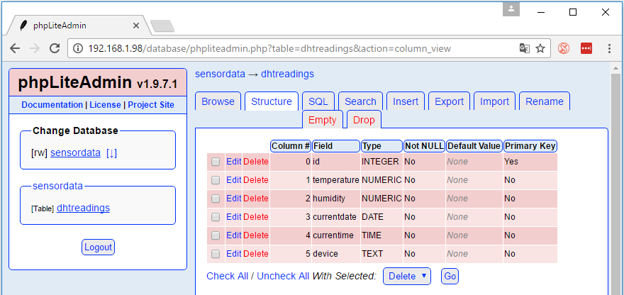 How to install phpLiteAdmin Database in a Raspberry Pi 13 dhtreadings schema