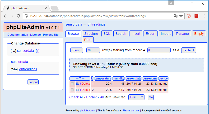 How to install phpLiteAdmin Database in a Raspberry Pi 11 dhtreadings table