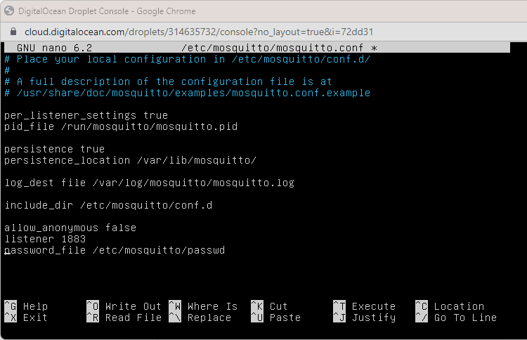 Digital Ocean Mosquitto Configuraiton File