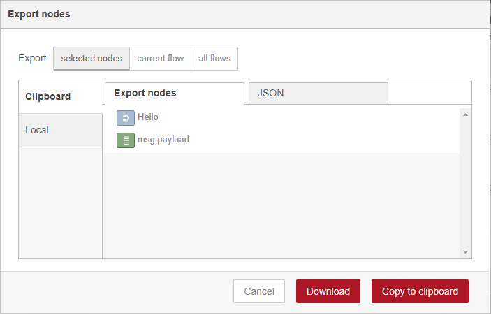 Node-RED export nodes window