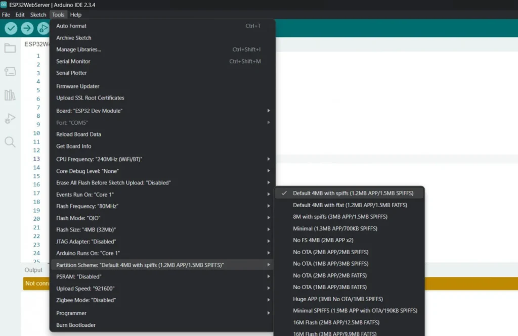 find partition scheme arduino ide
