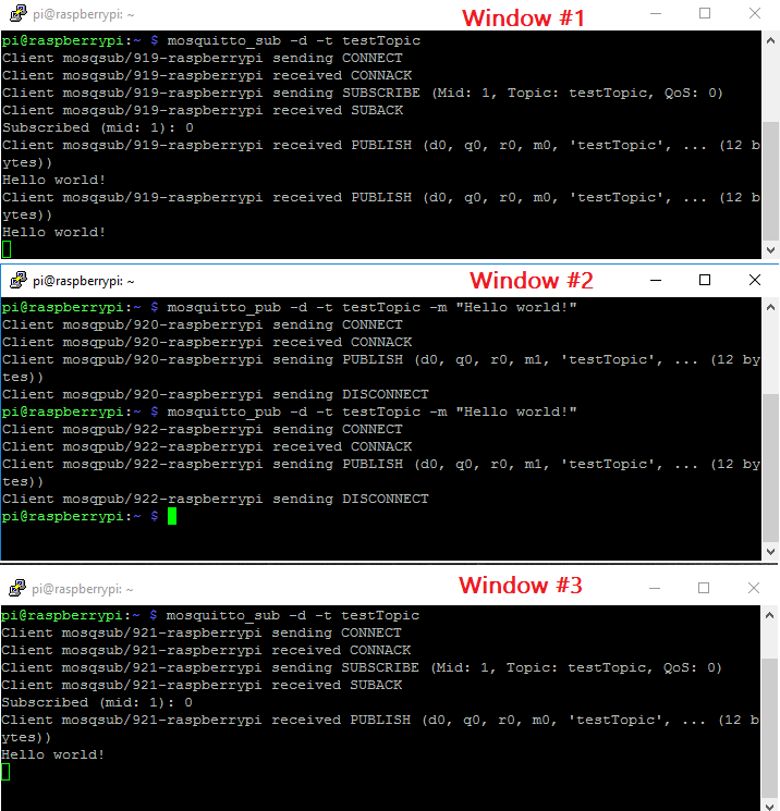 Testing Mosquitto Broker and Client on Raspberry Pi 4 mosquitto 2 sub one published