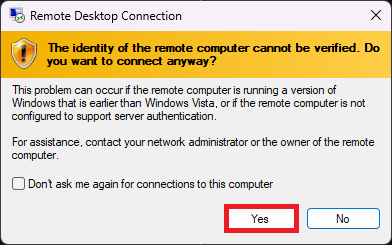Remote Desktop Connection software accept connection yes option