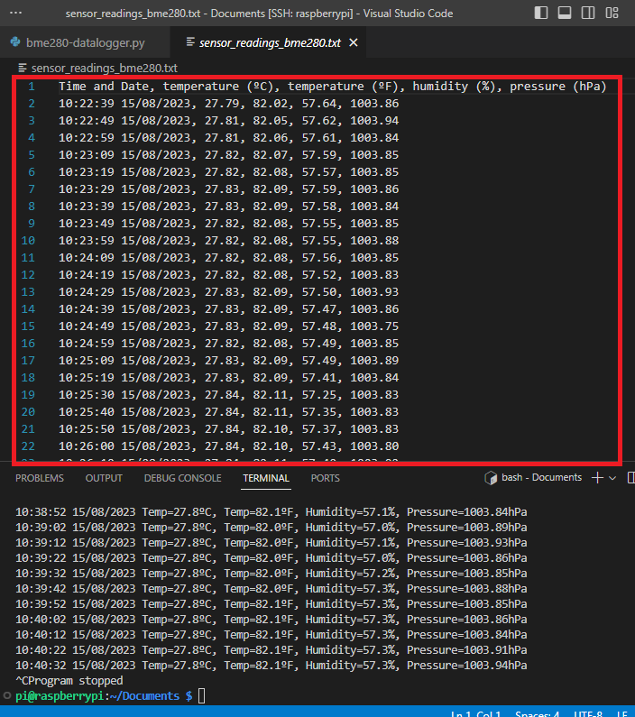 Raspberry Pi with BME280: Temperature, Humidity, and Pressure Data Logger (Python) 13 Sensor Readings Data Logger Raspberry Pi VS Code