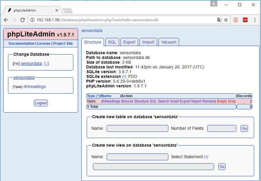 How to install phpLiteAdmin Database in a Raspberry Pi 9 sensor data tab