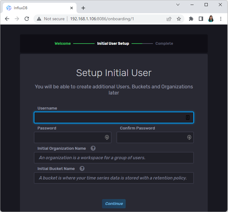 InfluxDB Get Started Screen create user